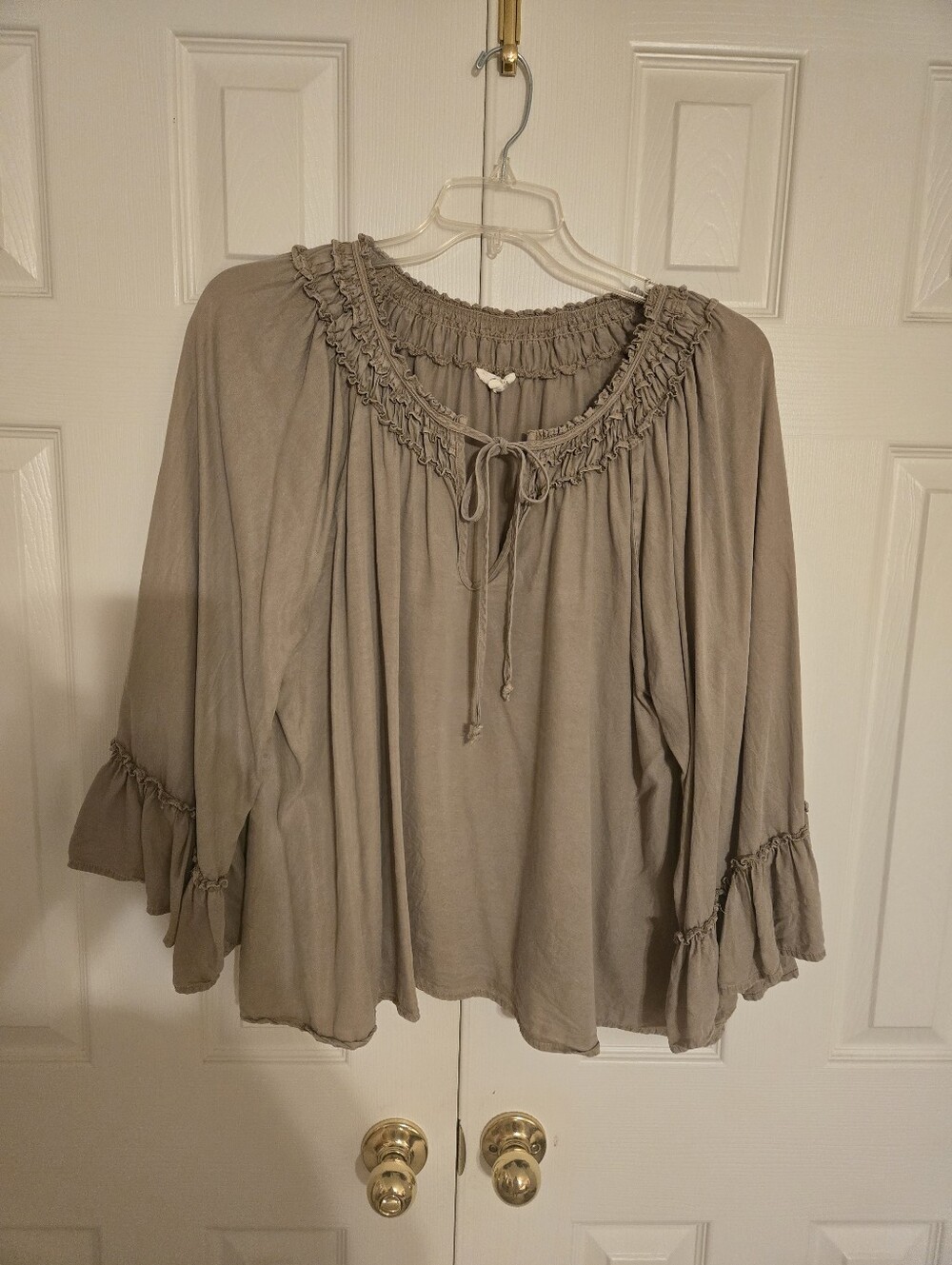 Easel Women's Taupe Peasant Blouse with Ruffled Tie Neckline